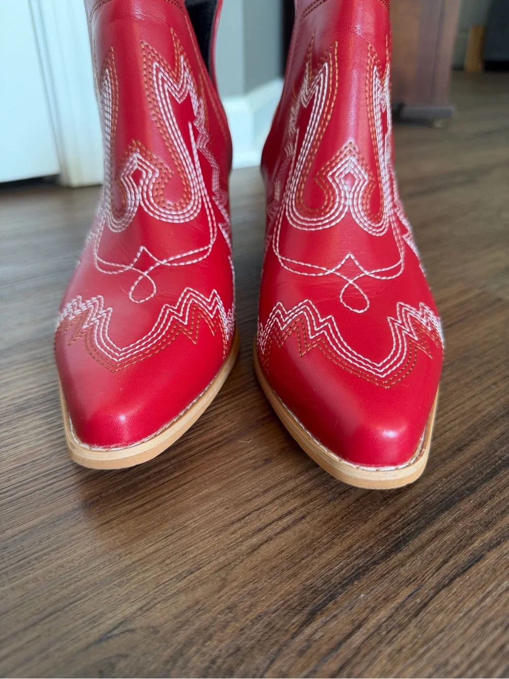 Red Western Ankle Boots with Embroidered Detail - Women